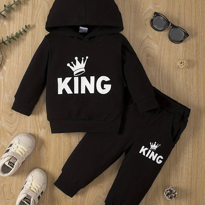 2 հատ Baby Boy's Casual Fashion Outfit Hooded KING Print երկարաթև մարզաշապիկ + շալվար բացօթյա հավաքածու