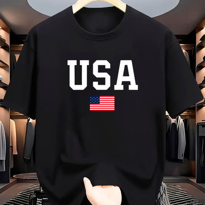 USA Flag Print Crew պարանոցի վերնաշապիկ, սովորական պոլիեսթեր տրիկոտաժե թիկնոց, թեթև ձգվող, այբուբենի ձևանմուշ, տրիկոտաժե դետալ, տղամարդկանց համար, ամառային կարճաթև շապիկ