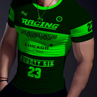 Men'S Racing Graphic T-Shirt - Bold Neon Green  Black Racing Car Design, Lightweight Breathable Fabric for Motorsport Events, Casual Streetwear - Chicago Dream Maker Inspired Casual Attire, Racing Jersey, Event Apparel, Spor