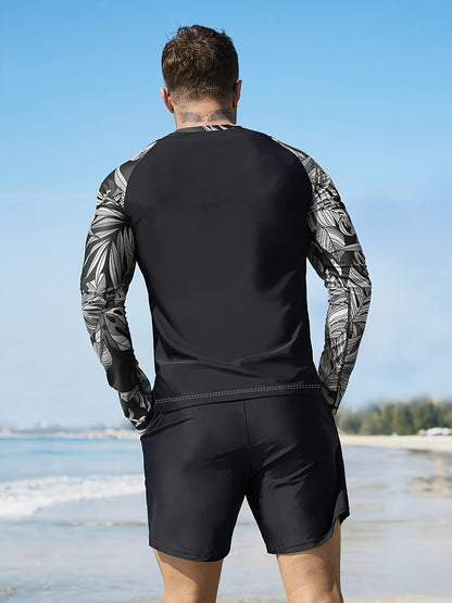 Men's Long Sleeve Rash Guard with Geometric Pattern, Athletic Swimwear