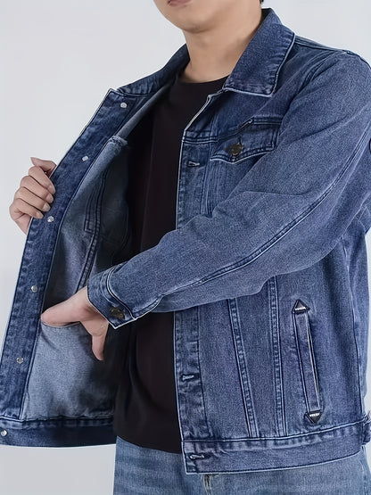 Men's Spring/Autumn Denim Jacket - Casual Chic Style, Black Blend with Red Accents, Button-Up with Flap Pockets, Long Sleeves, Ideal for Hiking & Casual Attire, Outdoor Apparel|Classic Denim Style|Durable Fabric