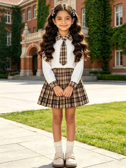 Girls' Preppy JK School Uniform Set with Plaid Skirt & Tie