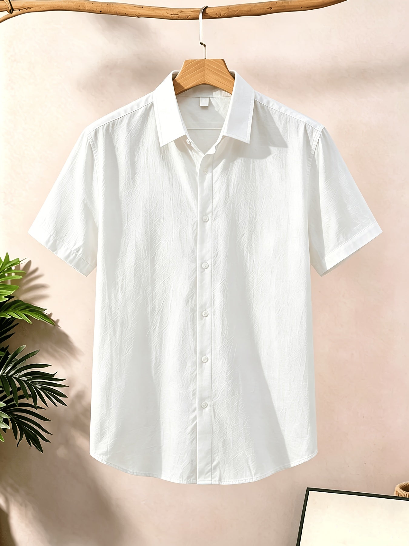 Men's Casual Button-Up Shirt, Cotton-Linen Blend, Short Sleeve