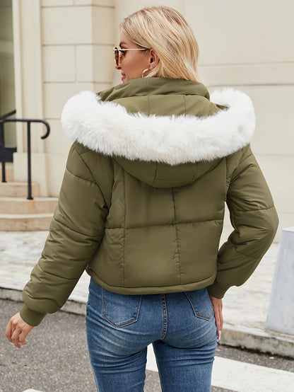 Կանացի կարճ, առօրյա, կայծակաճարմանդով, գլխարկով բաճկոն՝ արհեստական ​​մորթուց զարդանախշով - սև պոլիեսթեր, երկար թևքերով, աշնանային/ձմեռային բացօթյա հագուստ, ցուրտ եղանակի համար | Գլխարկով նորաձևություն | Փայլուն ծածկույթ