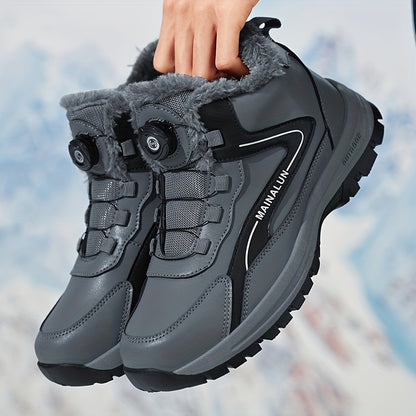 MAINALUN Men's Heavy-Duty Winter Snow Boots with Rotating Buckle Closure, PU Upper & PVC Sole - Thick Plush Lining, Warm Short Ankle Boots for Ice, Snow, Slush, Work, Outdoor (Adjustable Strap, Fit)