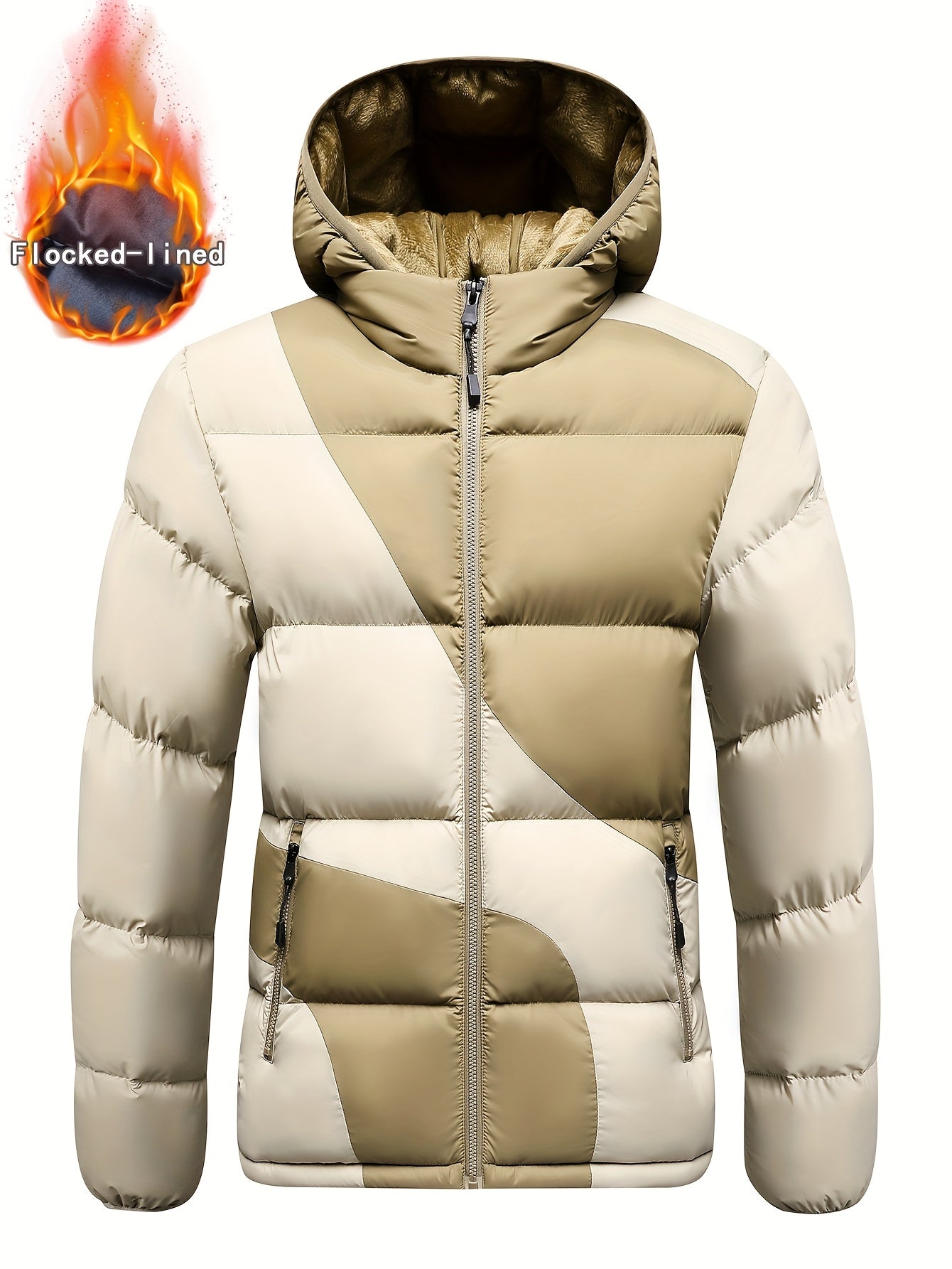 Men's Insulated Winter Jacket with Removable Hood & Thickened Lining - Dark Green/Black Color-Block Design, Zippered Pockets, Full-Zip Closure, Polyester Shell & Insulation for Casual Outdoor & Casual Attire - Cold Weather Co