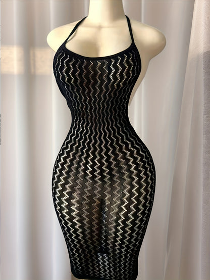 Women's Sexy Halter Top Wrap Dress with Contrast Mesh