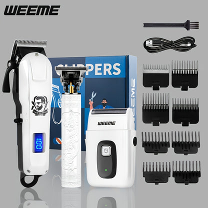 WEEME 3pcs/1Set Men'S Hair Clipper, USB Rechargeable Electric Hair Clipper & Shaver Set with Digital Display, Cordless Hair Trimmer for Home & Salon Use, Perfect Grooming Gift for Men with Smooth Blade, USB Charging, Lithium