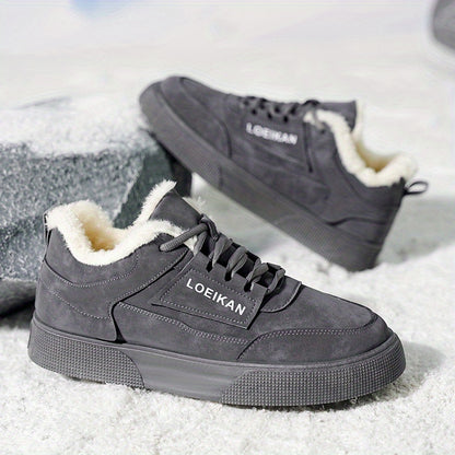 LOEIKAN Men'S Thickened Winter Sneakers - Heavy-Duty Cold Weather Shoes with faux fur Lining, Non-Slip PVC Sole - All-Season Low-Top Lace-Up Shoes for Hiking, Gym, Casual - Black/gray/white - Ideal For Men'S Outdoor & Daily W
