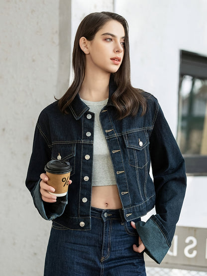 One Summer-Autumn Women's Short Rolled Sleeve Oversized Style Jacket with Contrast Stitching, Metal Buttons for Urban Street Fashion, Jackets for Women High Quality, Casual Wear, Everyday Jacket, Modern Design, Metal Detailin