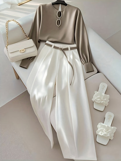 New Women's Elegant Casual Long-Sleeve Shirt + Straight-Leg Pants Set, Belt Not Included [Cherry Bean] - ayq