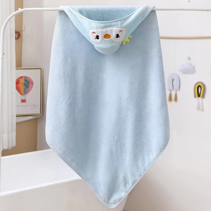 Ultra-Soft Coral Fleece Youngsters' Hooded Bath Towel with Cute Cartoon Animal Design - Absorbent & Skin-Friendly, Perfect for Swimming and Bathing