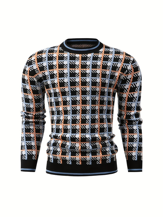 Men's Fashion Geometric Jacquard Plaid Knit Pullover