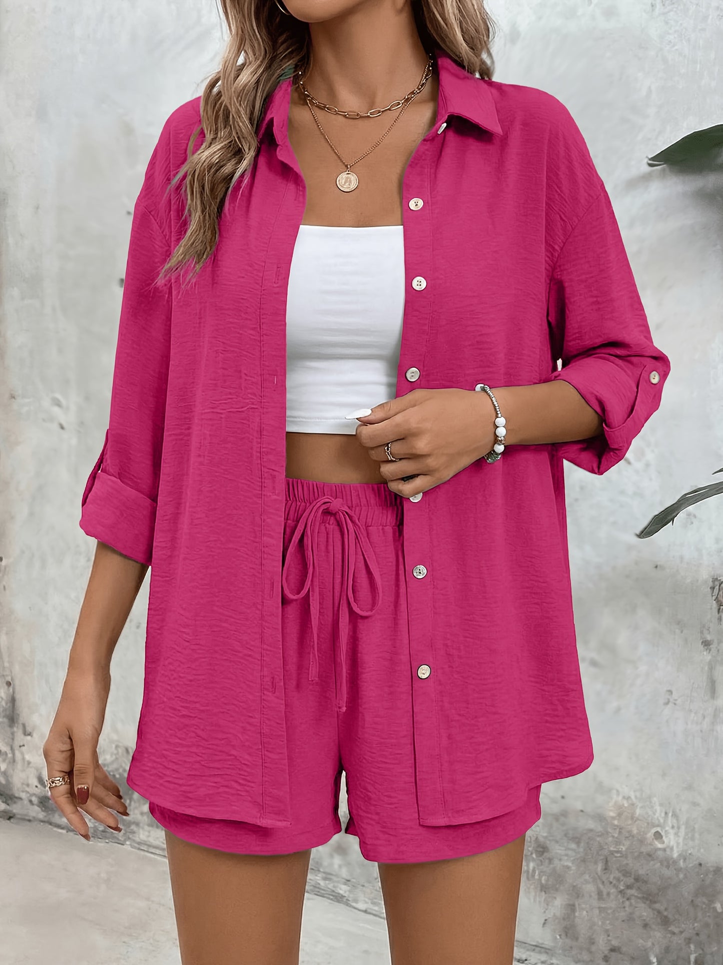 Women's Casual Long-Sleeve Shirt & High-Waist Shorts Set for Spring/Su
