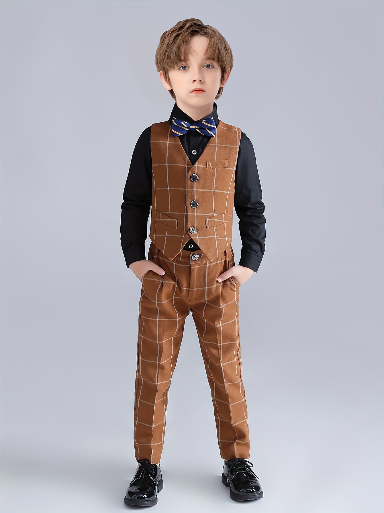 Boys' Plaid Vest & Pants Set with Bow Tie for Spring Fall