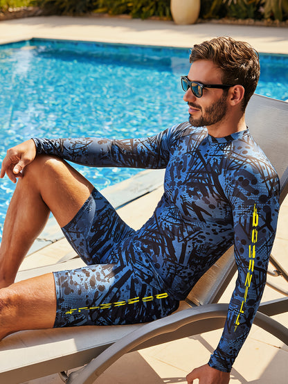 Men's Athletic 2-Piece Long-Sleeve Swimwear Set with Geometric Design