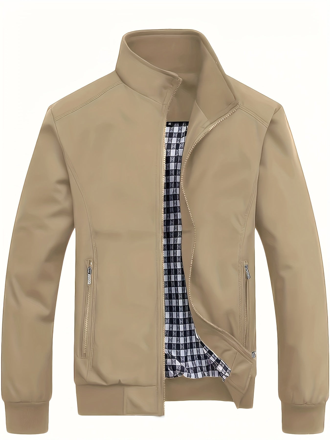 Men's Long Sleeve Zip Up Stand Collar Coat, Business Stand Collar Jacket With Zipper Pockets, Spring Autumn Men's Clothing