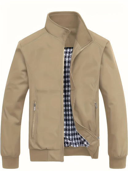 Men's Long Sleeve Zip Up Stand Collar Coat, Business Stand Collar Jacket With Zipper Pockets, Spring Autumn Men's Clothing