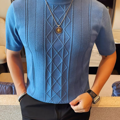 Men's New Solid Color Rhombus Fashion Semi-High Neck Knit Sweater, Spring/Summer Casual Short Sleeve Knit Top - ayq