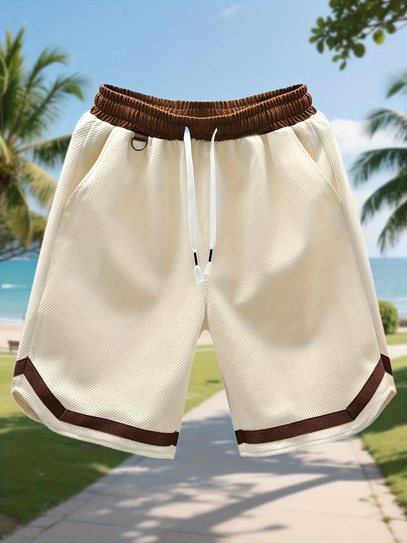 Men's Casual Color Block Polyester Summer Shorts with Drawstring