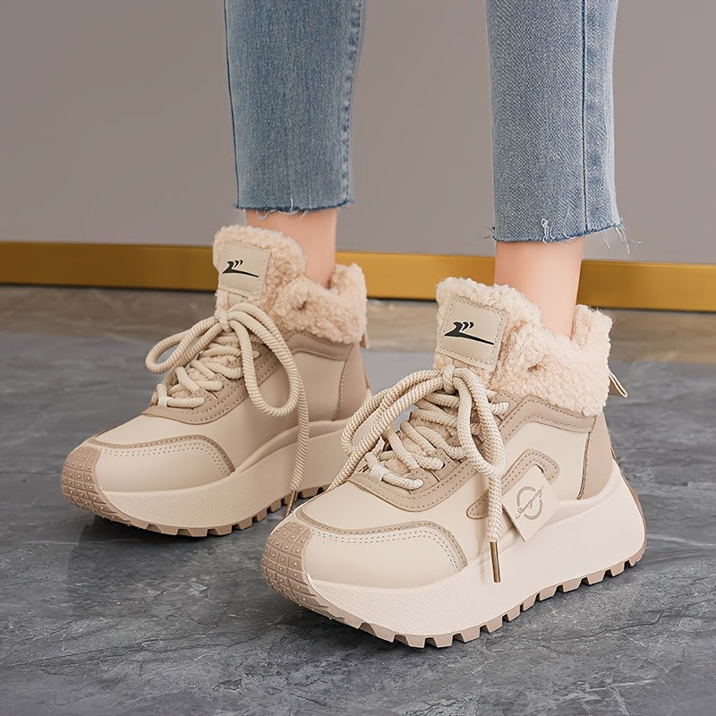 Կանացի ձմեռային ձնագնացքներ հաստ, փափուկ PVC ներբանով՝ բարձրացնող էֆեկտով - սահքից պաշտպանող, արհեստական կաշվե վերնամասով և փափուկ ծածկույթով, բեժ/սև գույն - ամենագնացքային ճկունություն սառույցի, ձյան և ամենօրյա կրման համար -