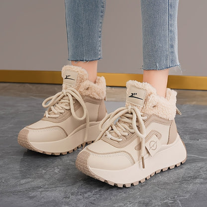 Կանացի ձմեռային ձնագնացքներ հաստ, փափուկ PVC ներբանով՝ բարձրացնող էֆեկտով - սահքից պաշտպանող, արհեստական կաշվե վերնամասով և փափուկ ծածկույթով, բեժ/սև գույն - ամենագնացքային ճկունություն սառույցի, ձյան և ամենօրյա կրման համար -