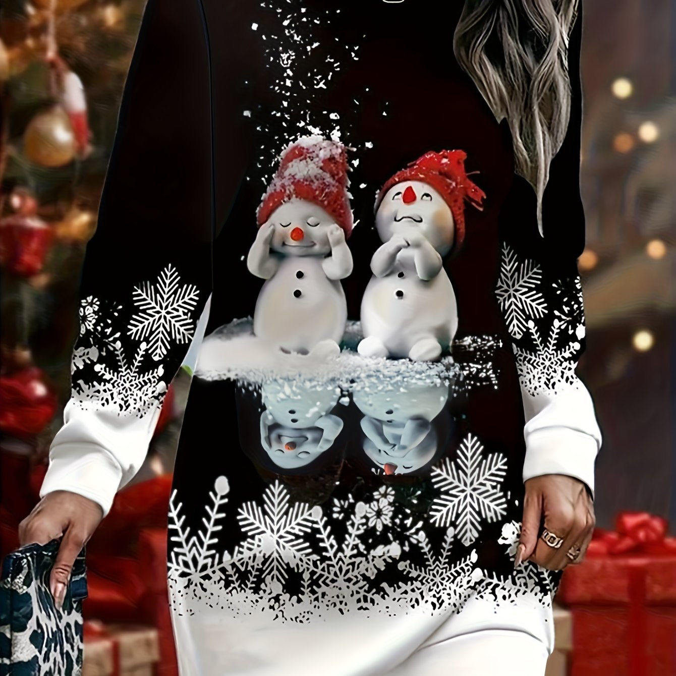 Women's Elegant Winter Snowman & Snowflake Print Sweater Dress - Long Sleeve A-Line Silhouette with Round Neck, Machine Washable Christmas Party Outfit for Holiday Events, New Year's Eve & Everyday Winter Wear - Cozy Casual t