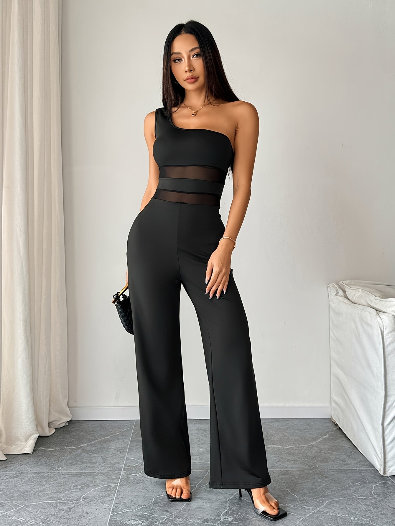 Women's One Shoulder Jumpsuit with Mesh Panels - Sexy & Stretchy