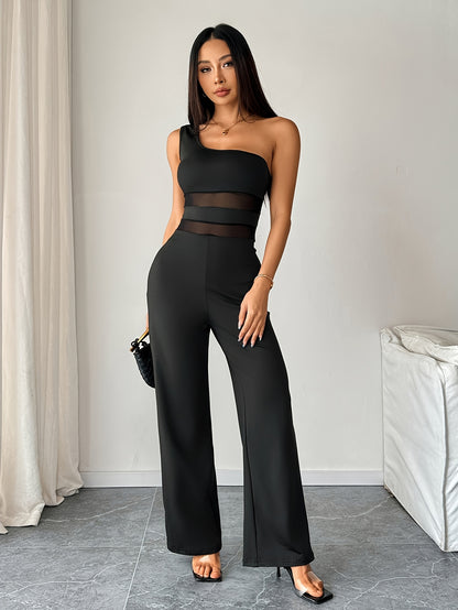 Women's One Shoulder Jumpsuit with Mesh Panels - Sexy & Stretchy