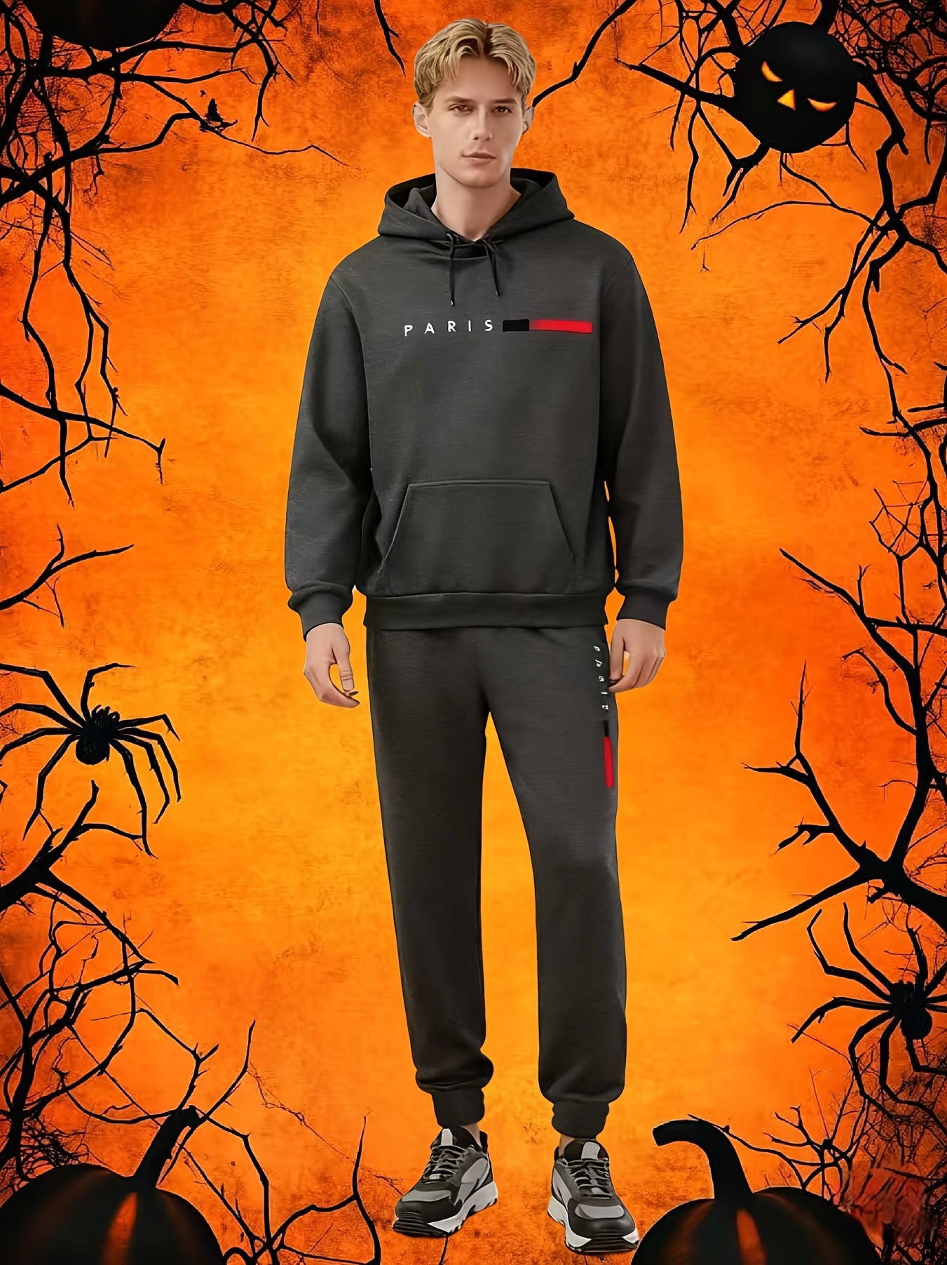 Halloween Men'S Hoodie with PARIS Lettering And Drawstring Sweatpants Set, a Must-Have Outfit for Autumn And Winter, Perfect for Everyday Outdoor Wear - ayq