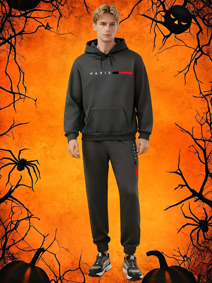 Halloween Men'S Hoodie with PARIS Lettering And Drawstring Sweatpants Set, a Must-Have Outfit for Autumn And Winter, Perfect for Everyday Outdoor Wear - ayq