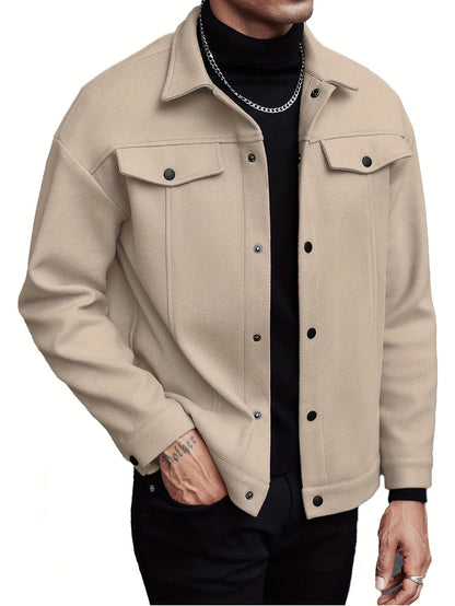 Men's European-Style Casual Jacket - Collar Button Coat, Beige/Brown/Burgundy/Tan, Machine-Washable Blazer for Spring/Fall, Tailored Fit (No) - Versatile Outerwear for Casual & Formal Events