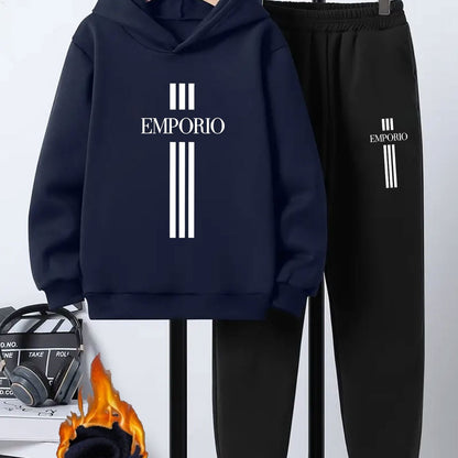 Boys' 2pcs Hoodie and Sweatpants Set with EMPORIO Print, Polyester Material, Comfortable Fit for Autumn/Winter Wear, Perfect for Daily Use and Outdoor Activities | Back-to-School Gift | Ideal for Home Sports | Essential for R