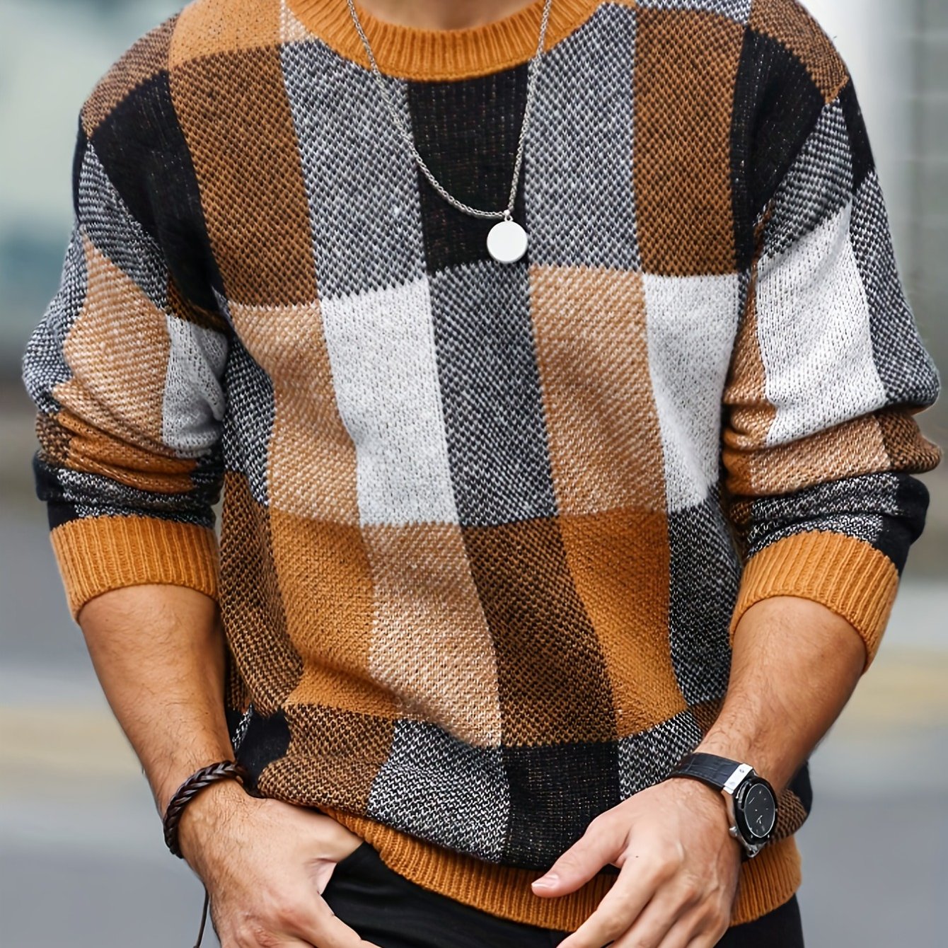 Men'S Casual Plaid Crew Neck Knit Sweater | Loose Fit, Long Sleeve, Fashionable Color Block Design, Suitable for Fall/Winter
