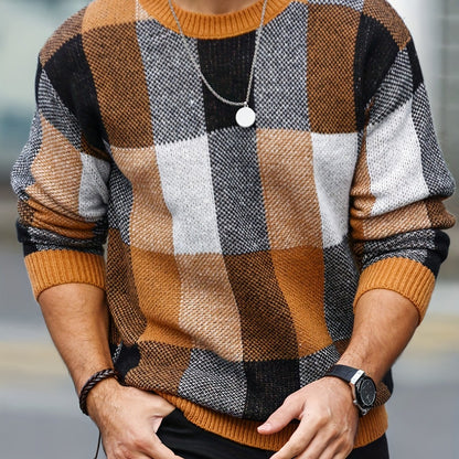Men'S Casual Plaid Crew Neck Knit Sweater | Loose Fit, Long Sleeve, Fashionable Color Block Design, Suitable for Fall/Winter