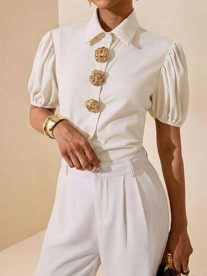 Women's Elegant Solid Color Puff Sleeve Shirt with Metal Buttons