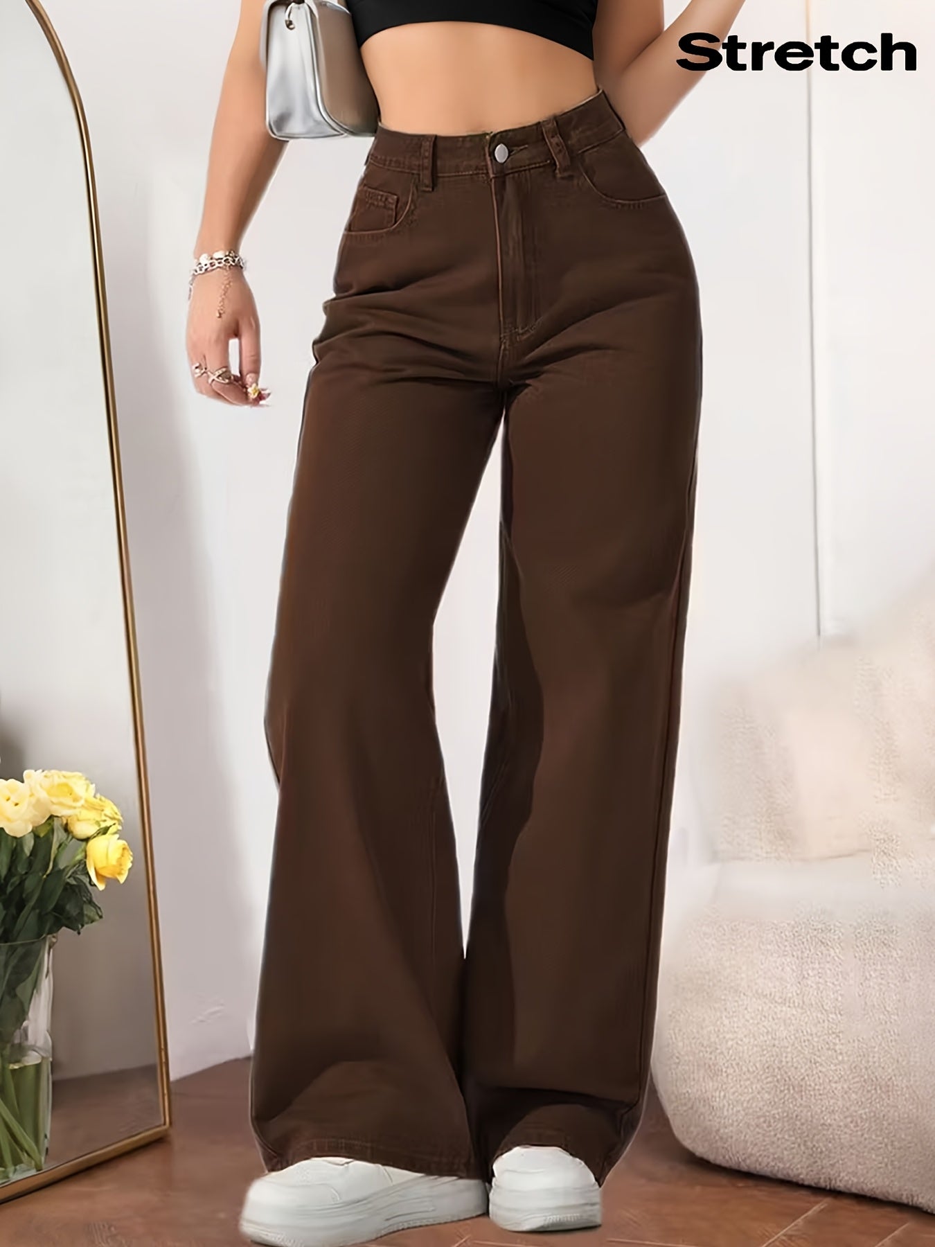 Women’s Stretch Wide-Leg Coffee Denim Jeans with Pockets