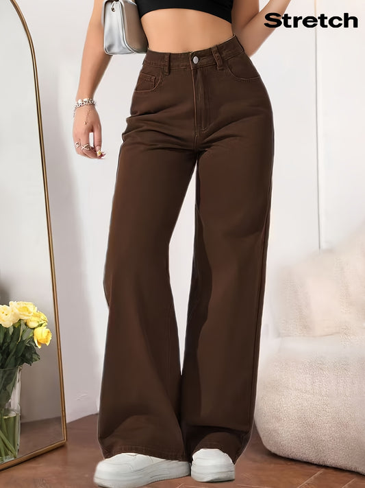Women’s Stretch Wide-Leg Coffee Denim Jeans with Pockets