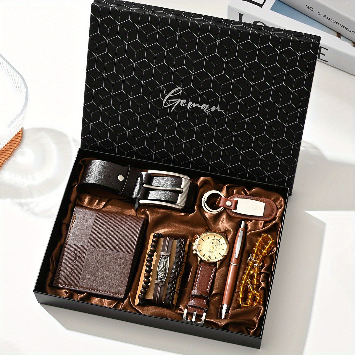 7pcs/set-Men's PU Leather Business Casual Watch Set (wallet + Belt + Keychain + Bracelet + Watch + Pen + Rosary), Minimalist Quartz Watch Set, Exquisite Watch Gift Box, Valentine's Day Gift Box.