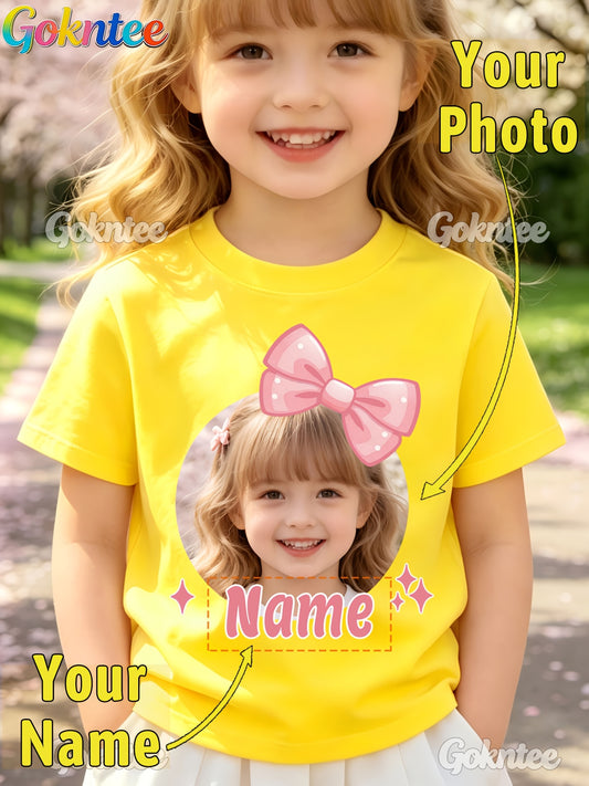 Girls' Personalized Cartoon T-Shirt with Pink Bow, Crew Neck - ayq
