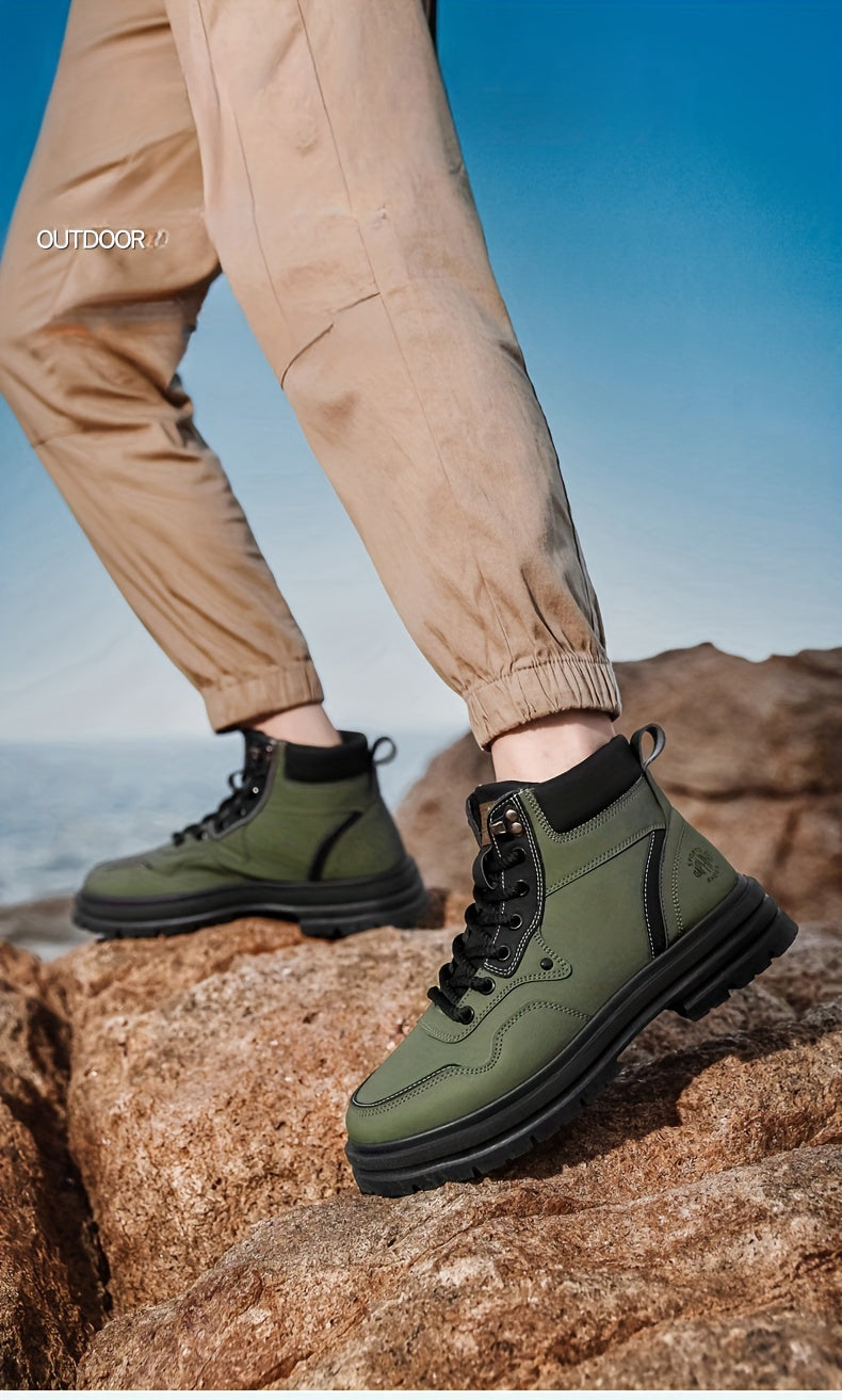 Men's Trendy Solid Ankle Boots, Comfy Non Slip Lace Up Durable Shoes for Men's Outdoor Activities