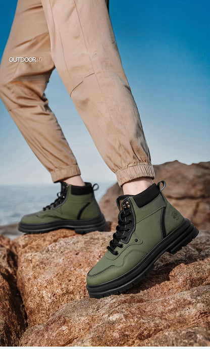 Men's Trendy Solid Ankle Boots, Comfy Non Slip Lace Up Durable Shoes for Men's Outdoor Activities