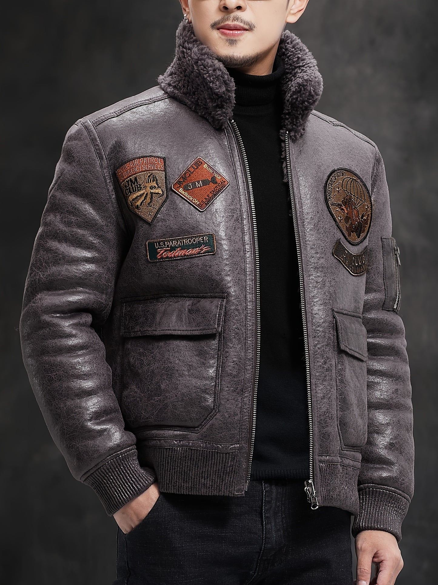 Men'S Faux Fur Lined Biker Jacket, Casual Long Sleeve Applique Air Force Style, Polyester 100% Knit Fabric, Solid Color Lapel Collar, Zipper Closure, Regular Fit for Daily & Golf Occasions - Fall/Winter Collection