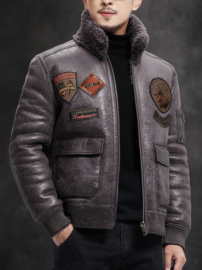 Men'S Faux Fur Lined Biker Jacket, Casual Long Sleeve Applique Air Force Style, Polyester 100% Knit Fabric, Solid Color Lapel Collar, Zipper Closure, Regular Fit for Daily & Golf Occasions - Fall/Winter Collection