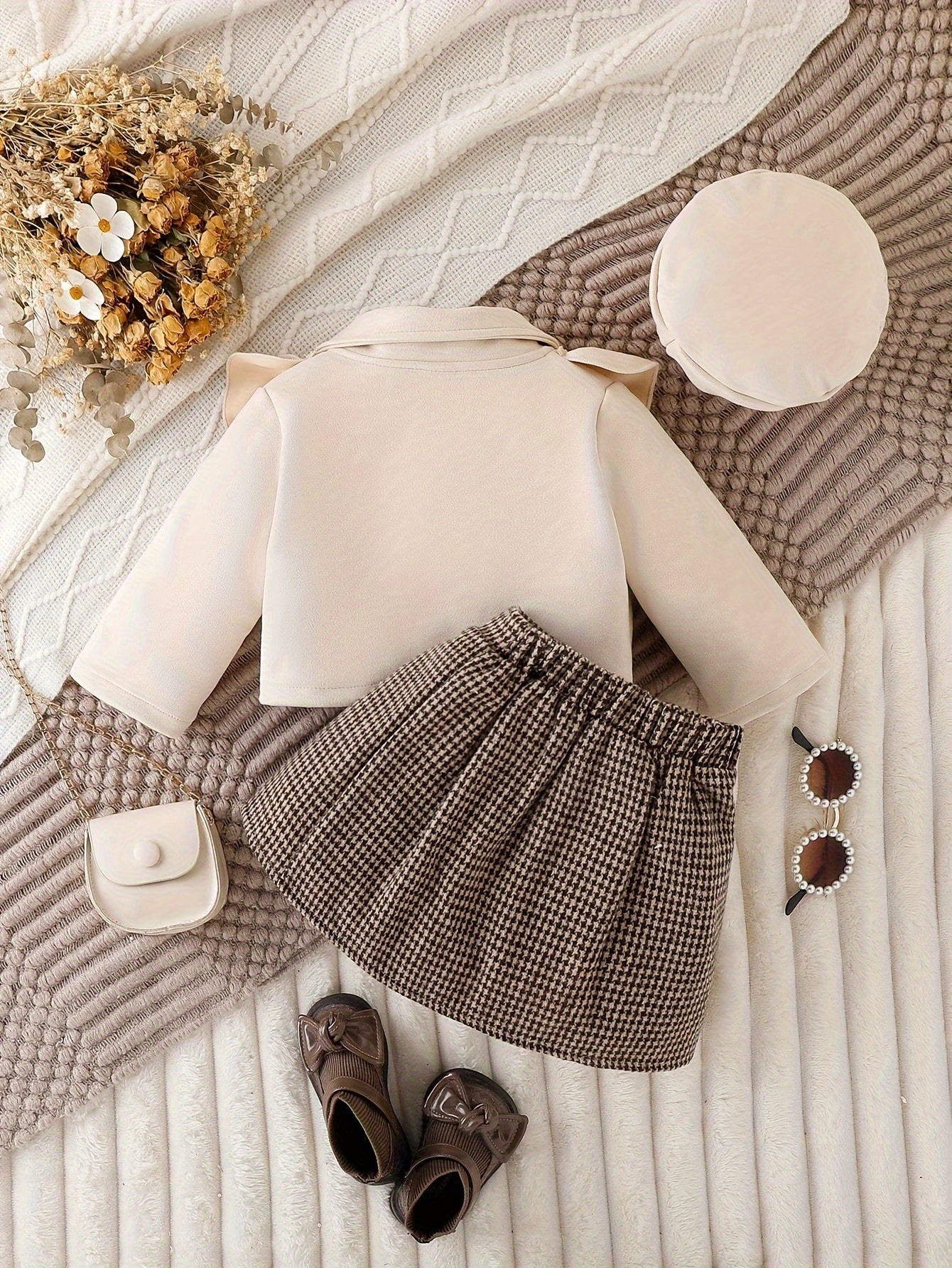 Vintage Girls Set, Ruffle Trim Long Sleeve Lapel Top + Box Pleated Plaid Skirt + Matching Beret, Winter/ Fall Clothes, Casual Outdoor, Party, Gift