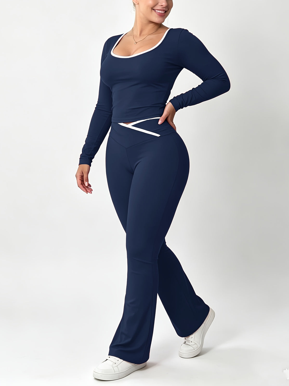 Slim Fit Cross Waist Color Block Crop Pants Set for Fall/Winter - ayq