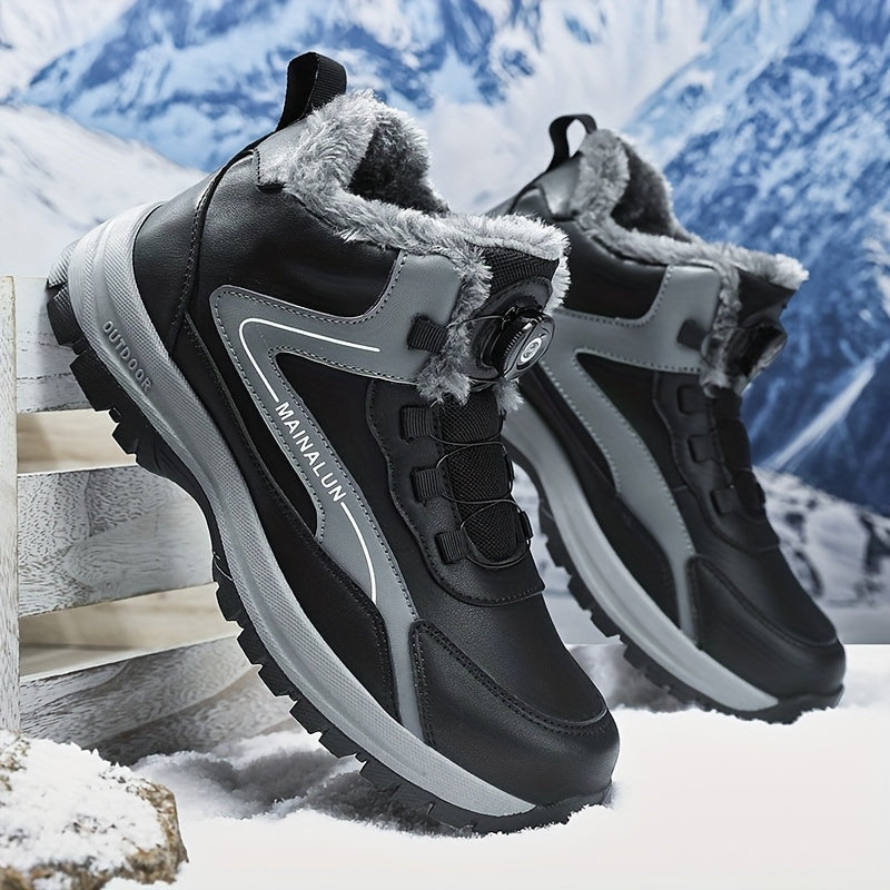 MAINALUN Men's Heavy-Duty Winter Snow Boots with Rotating Buckle Closure, PU Upper & PVC Sole - Thick Plush Lining, Warm Short Ankle Boots for Ice, Snow, Slush, Work, Outdoor (Adjustable Strap, Fit)