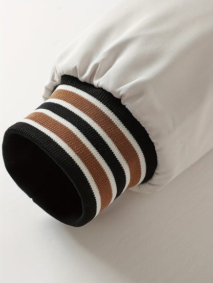 Men's Thermal Insulated Full-Zip Baseball Jacket with Full-Zip Closure - Heavyweight Winter Coat, Brown/White colorblock, Lining - Streetwear Outerwear for Casual & Formal Events - Compatible with Hoodies & Jackets (Men's Fas