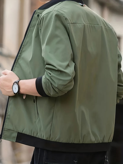 1pc Men'S Casual Stand Collar Bomber Jacket, Solid Color Long Sleeve Non-Stretch Woven Acetate with Pockets, Polyester Lined Zip-Up Lightweight Outerwear for Spring/Fall