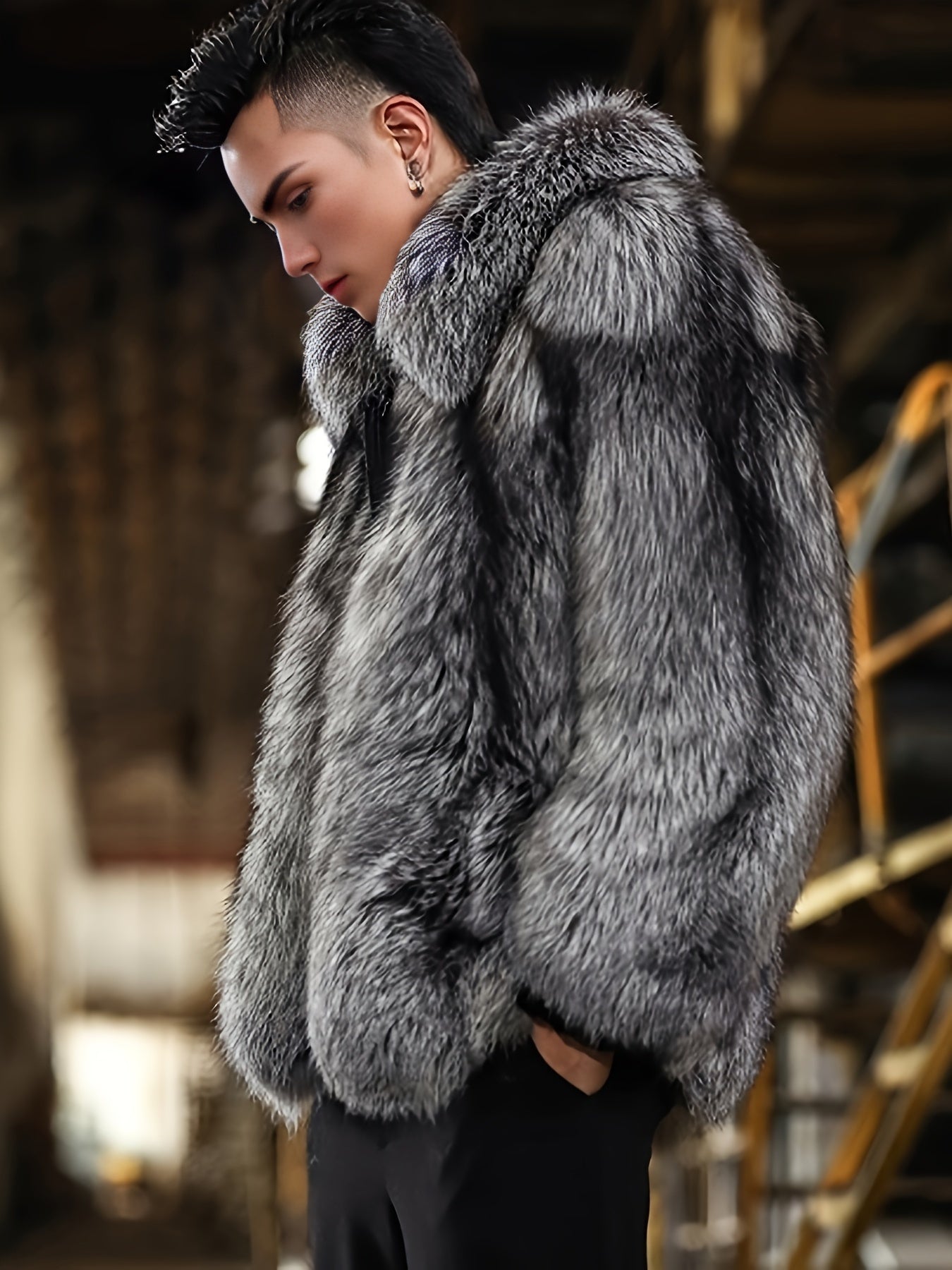 Men'S Faux Fur Coat with Imitation Fur Lining, Square Neck Zipper Short Winter Windproof Warm Loose Casual Jacket for Young Style